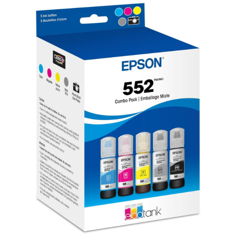 EPSON 552 EcoTank Ink Ultra-high Capacity Bottle Five Color Combo Pack (T552920-S) Works with EcoTank Photo ET-8500, ET-8550