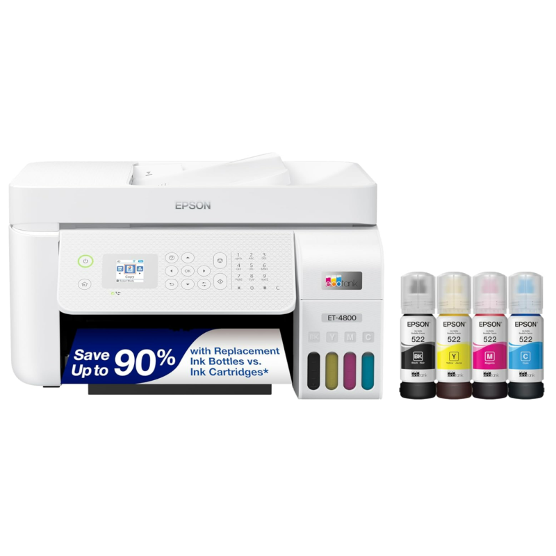 Epson EcoTank ET-4800 Wireless All-in-One Cartridge-Free Supertank Printer with Scanner, Copier, Fax, ADF and Ethernet – Ideal-for Your Home Office, White
