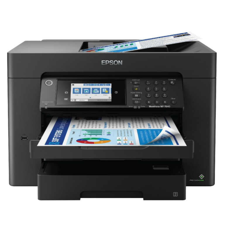 Epson Workforce Pro WF-7840 Wireless All-in-One Wide-Format Printer with Auto 2-Sided Print up to 13" x 19", Copy, Scan and Fax, 50-Page ADF, 500-sheet Paper Capacity, 4.3" Screen,Black