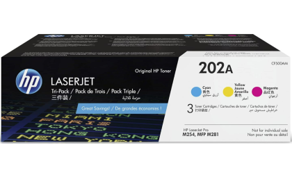 HP 202A Cyan, Magenta, Yellow Toner Cartridges for HP Printers (3-pack) | Works with Color LaserJet Pro M254, Color LaserJet Pro MFP M281 Series | CF500AM