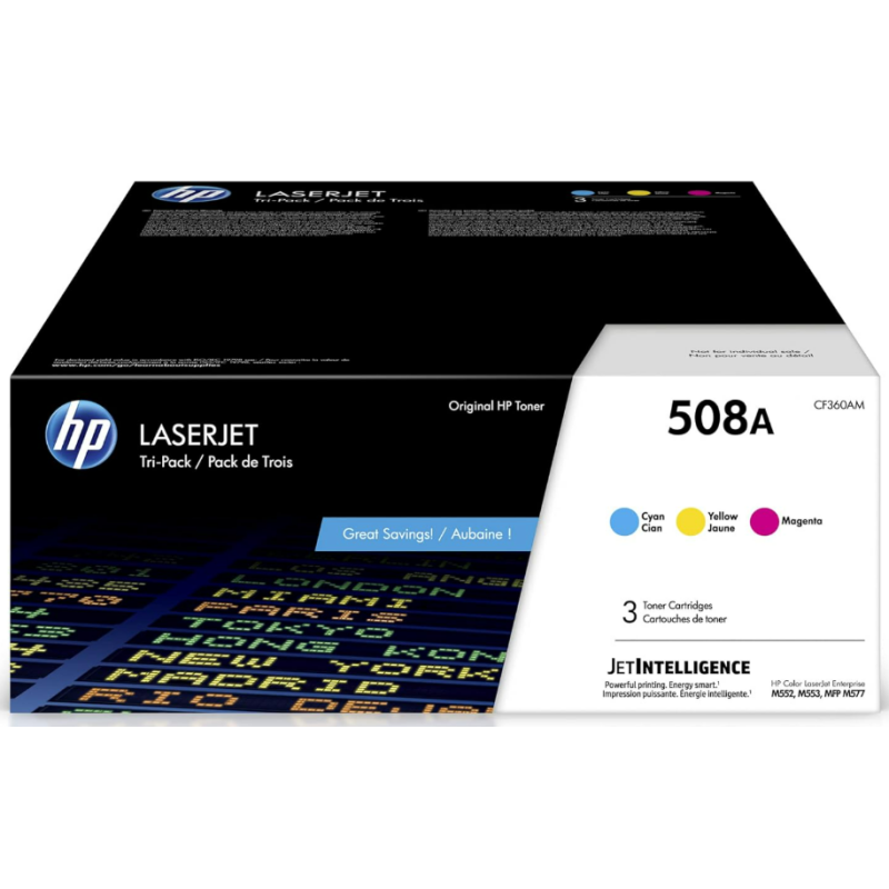 HP 508A Cyan, Magenta, Yellow Toner Cartridges for HP Printers (3-pack) | Works with Color LaserJet Enterprise M552, M553; Color LaserJet Enterprise MFP M577 Series | CF360AM